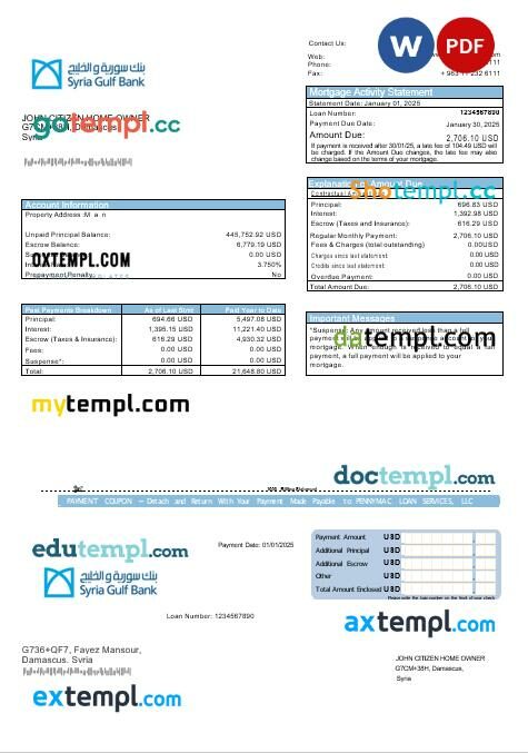 Syrian Gulf Bank mortgage statement in Word and PDF formats