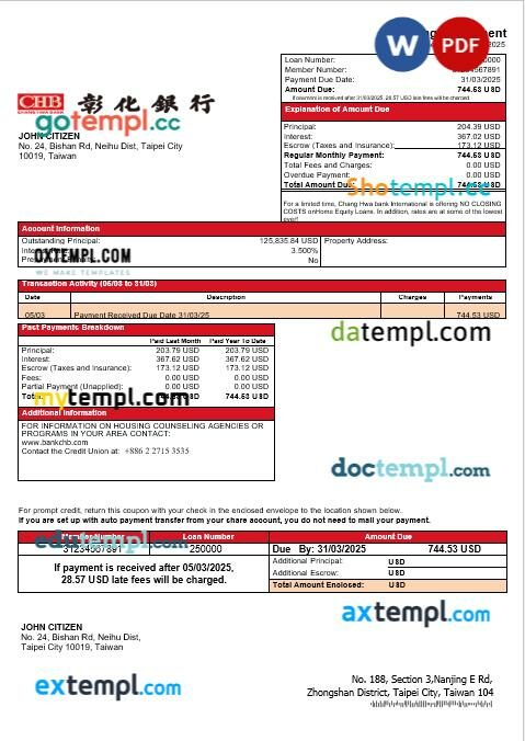 Taiwan Chang Hwa Bank mortgage statement in Word and PDF formats