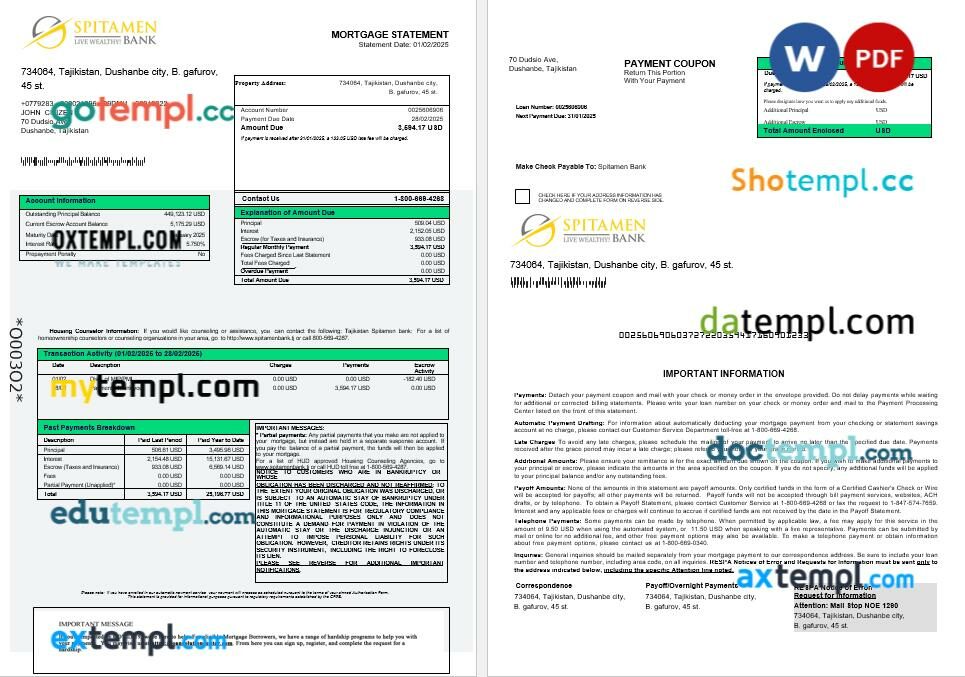 Tajikistan Spitamen Bank mortgage statement in Word and PDF formats
