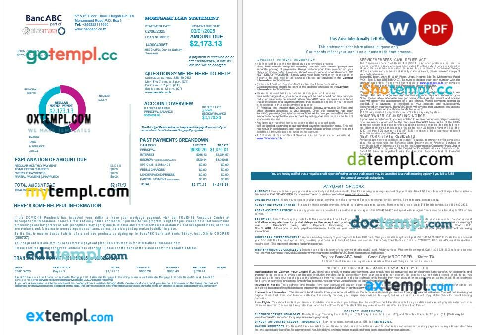 Tanzania BancABC bank mortgage loan statement in Word and PDF formats, 4 pages