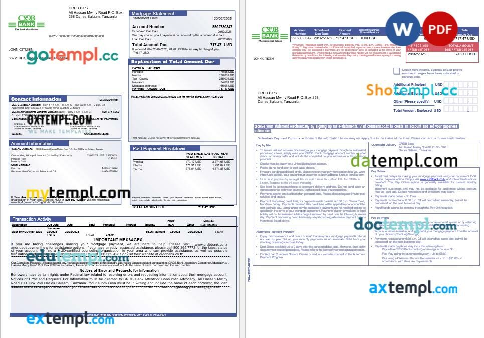 Tanzania CRDB Bank mortgage statement in Word and PDF formats, 3 pages