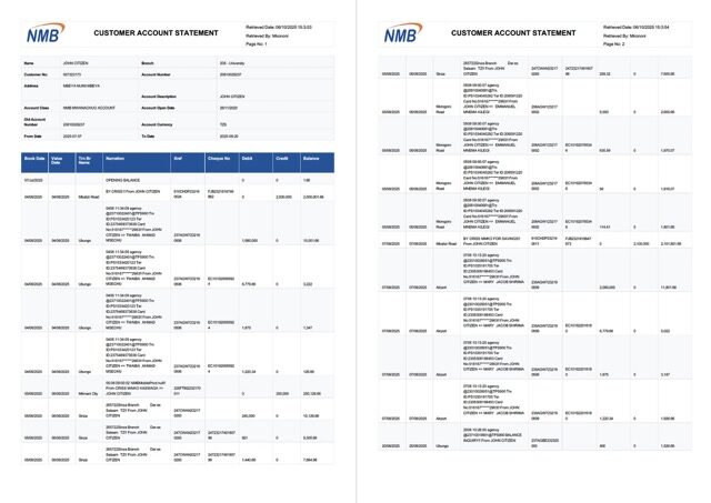 Tanzania NMB Bank account statement Word and PDF template, 2 pages