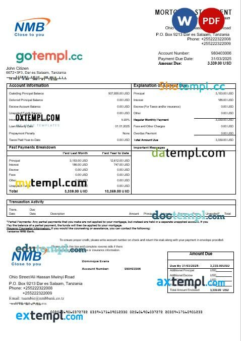 Tanzania NMB Bank mortgage statement in Word and PDF formats