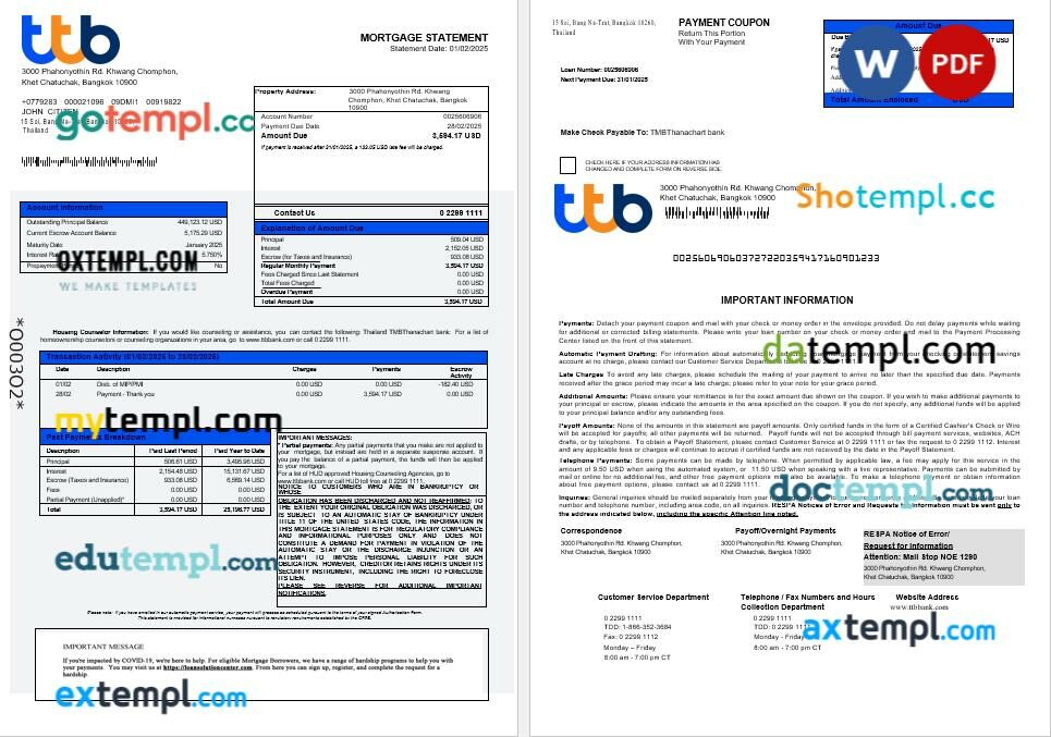 Thailand TMBThanachart Bank mortgage statement in Word and PDF formats