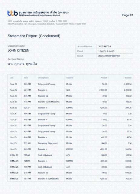 Thailand TMBThanachart Bank statement report Word and PDF template
