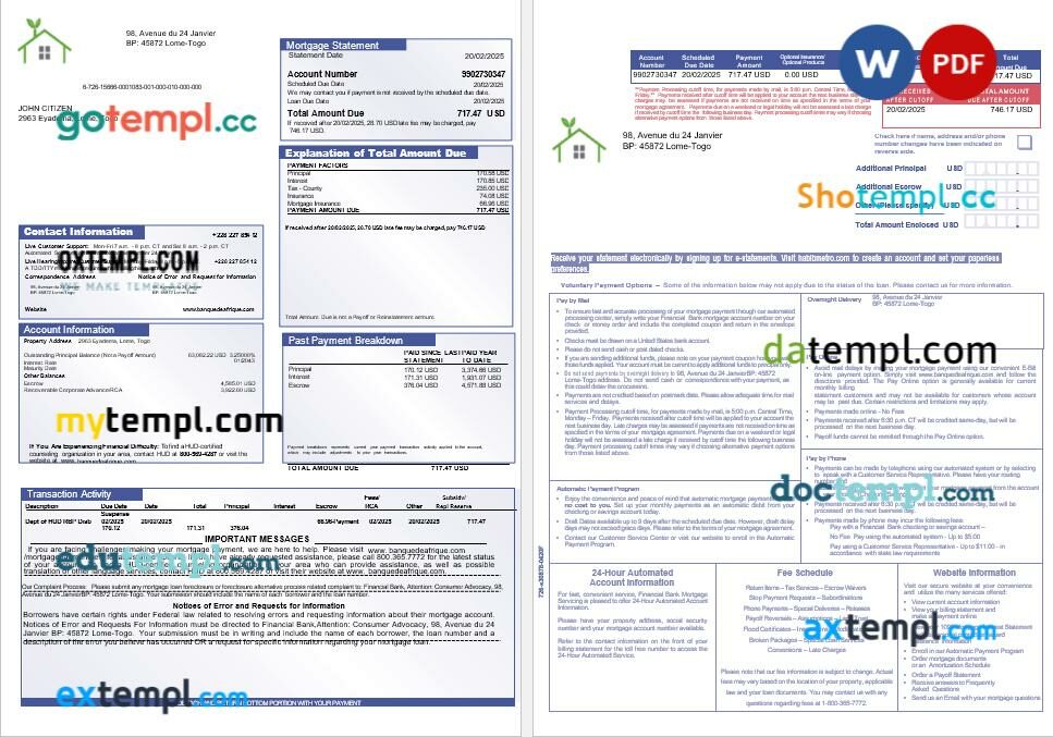 Togo Financial Bank mortgage statement in Word and PDF formats, 3 pages
