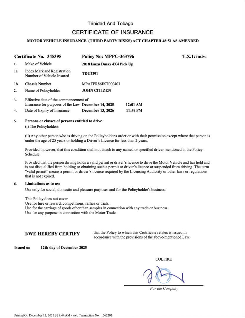 Trinidad and Tobago motor vehicle insurance Word and PDF template