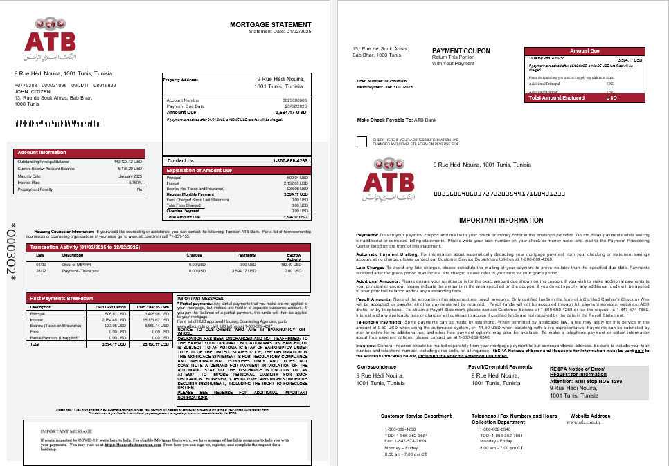 Tunisian ATB bank mortgage statement in Word and PDF formats