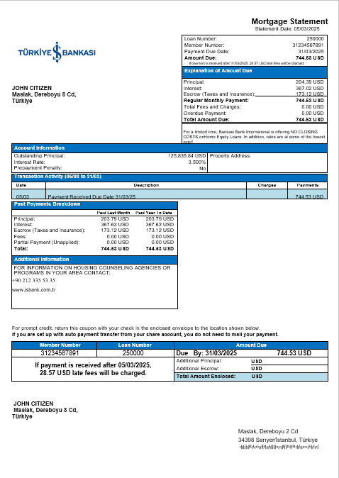 Turkey Bankasi bank mortgage statement in Word and PDF formats