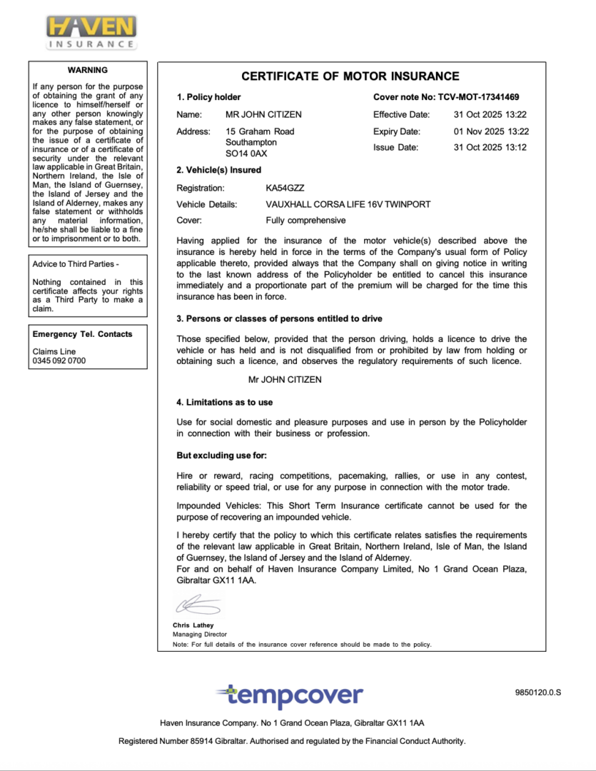 UK Haven Insurance Certificate of Motor Insurance Word and PDF template, version 2