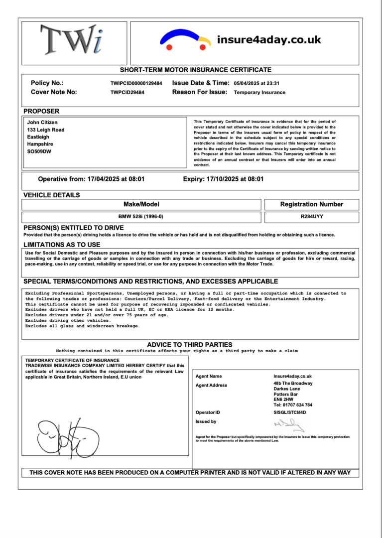UK Insure4aDay short-term motor insurance certificate Word and PDF template