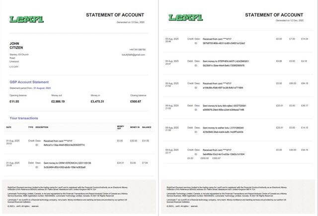 UK Lemfi account statement Word and PDF template, 2 pages