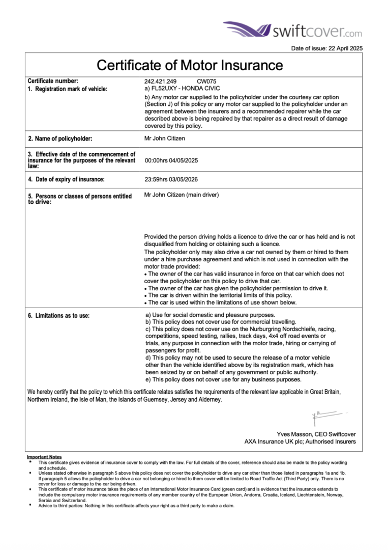 UK Swiftcover certificate of motor insurance Word and PDF template