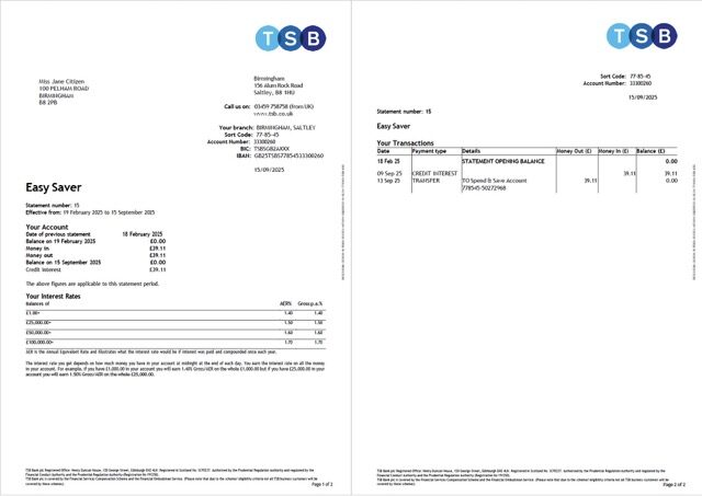 UK TSB Bank account statement Word and PDF template, 2 pages