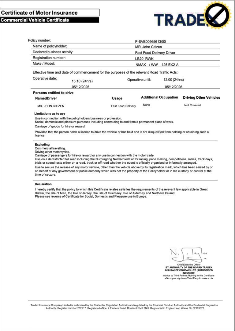 UK Tradex Insurance Services certificate of motor insurance Word and PDF template, version 2