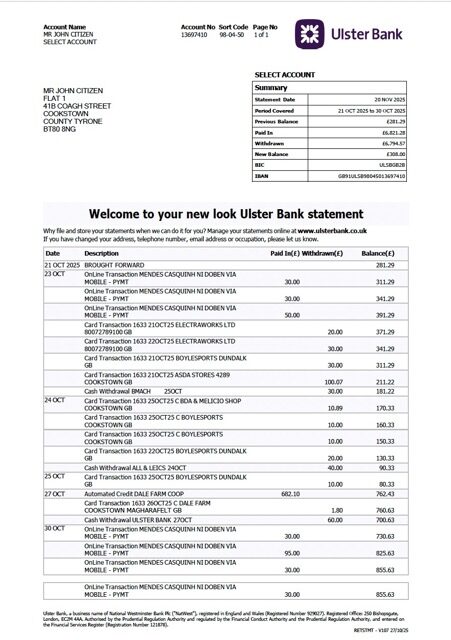 UK Ulster Bank statement Word and PDF template