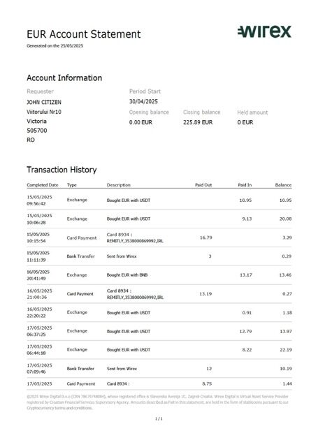 UK Wirex account statement Word and PDF template
