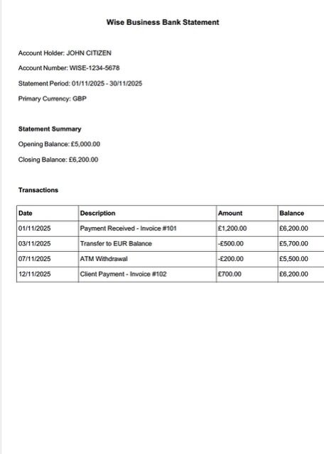 UK Wise Bank statement Word and PDF template