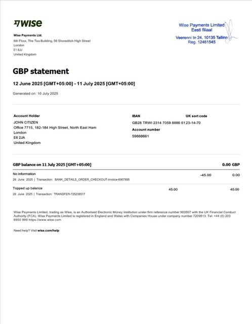 UK Wise Payments account statement Word and PDF template