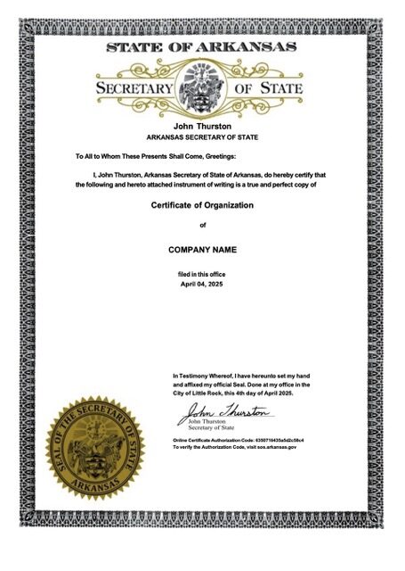 USA Arkansas certificate of organization Word and PDF template