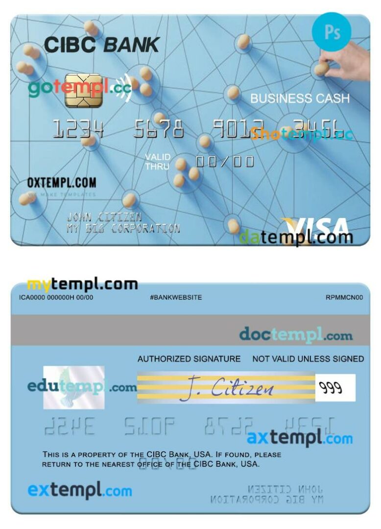 USA CIBC Bank visa business cash card template in PSD format