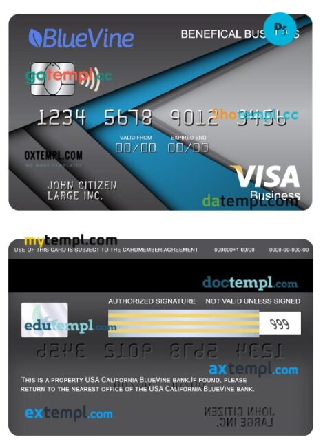 USA California BlueVine bank visa benefical business card template in PSD format