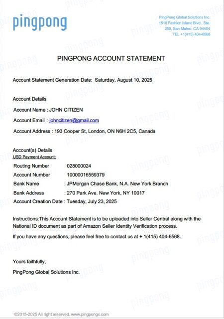 USA California PingPong Global Solutions Inc account statement Word and PDF template