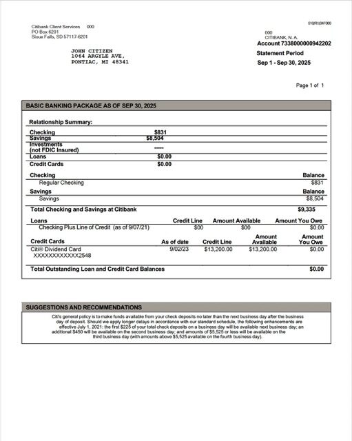 USA Citibank account statement Word and PDF template, version 2