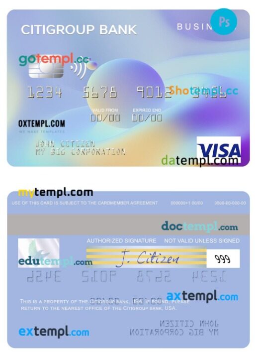 USA Citigroup Bank business visa card template in PSD format