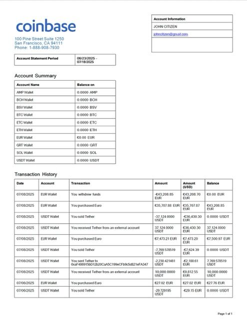 USA Coinbase account statement Word and PDF template