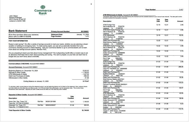 USA Commerce Bank statement Word and PDF template, 2 pages