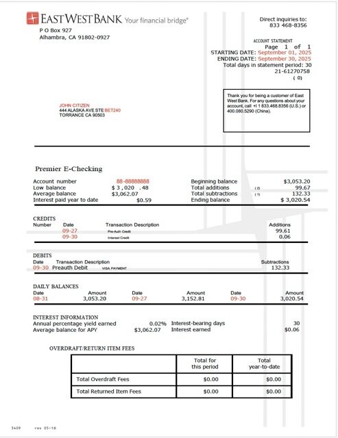 USA East West Bank account statement Word and PDF template
