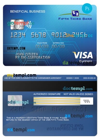 USA Fifth Third Bank visa business card template in PSD format