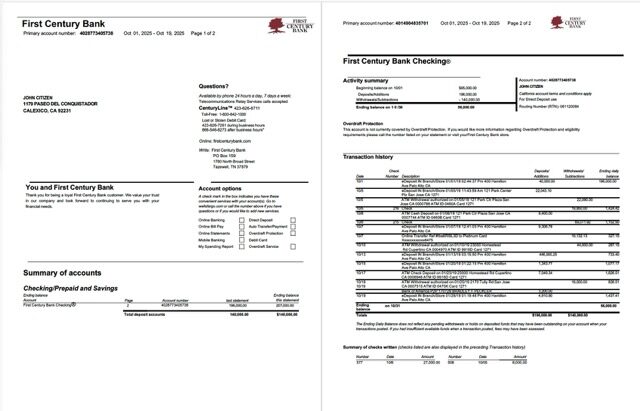 USA First Century Bank account statement Word and PDF template, 2 pages