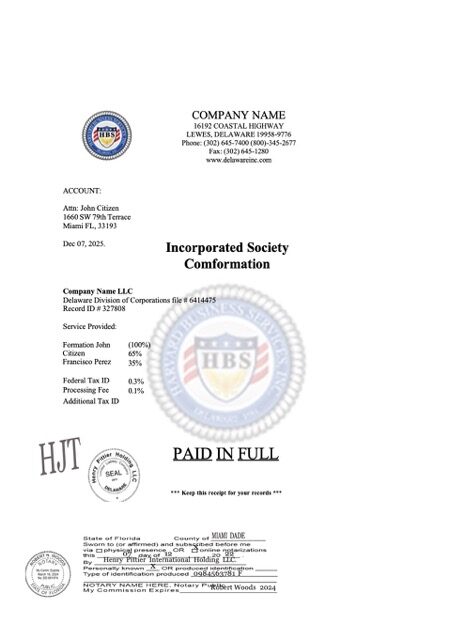 USA Florida incorporated society comformation Word and PDF template