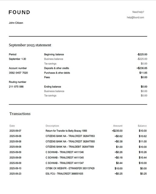 USA Found account statement Word and PDF template