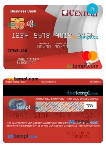 USA Georgia Gainesville First Century bank business cash mastercard template in PSD format