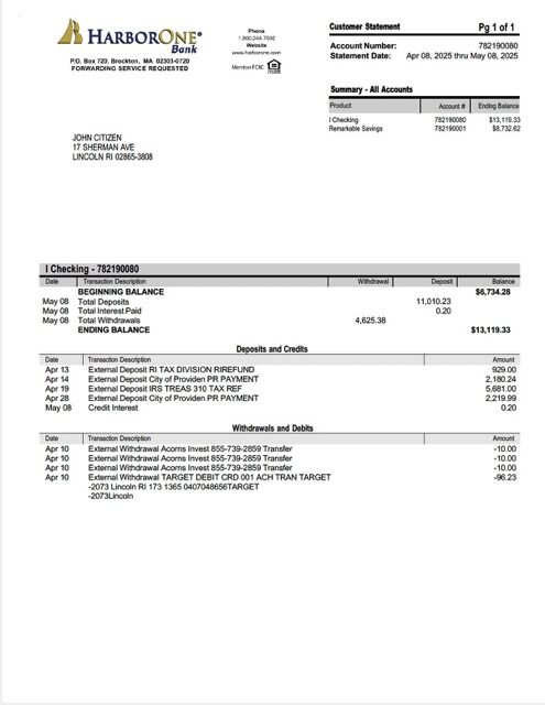 USA HarborOne Bank account statement Word and PDF template