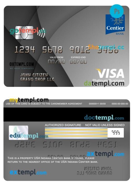 USA Indiana Centier bank visa platinum business card template in PSD format