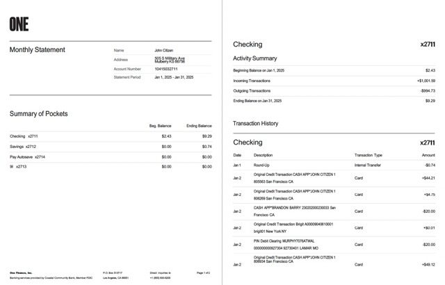 USA One Finance, Inc. bank statement Word and PDF template, 2 pages
