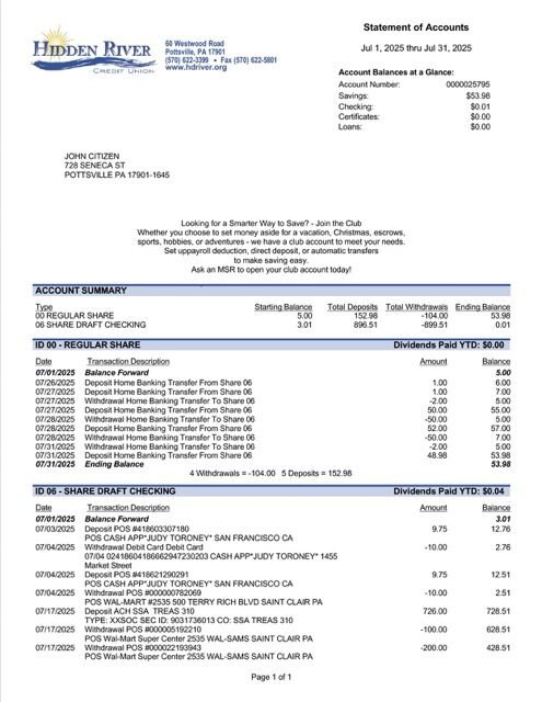 USA Pennsylvania Hidden River Credit Union statement of account Word and PDF template