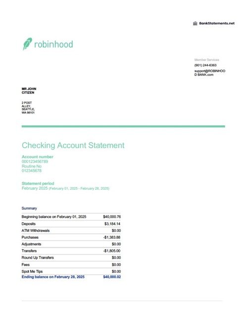 USA Robinhood Banking account statement Word and PDF template