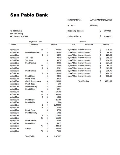 USA San Pablo Bank account statement Word and PDF template