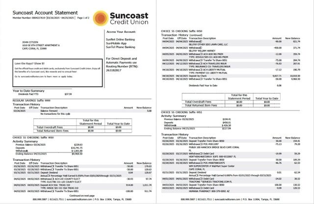 USA Suncoast Bank account statement Word and PDF template, 2 pages