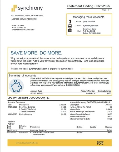USA Synchrony Bank statement Word and PDF template
