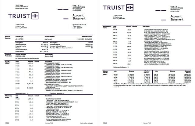 USA Truist Bank account statement Word and PDF template, 2 pages