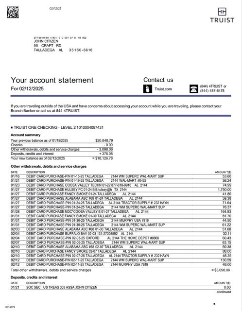 USA Truist Bank account statement Word and PDF template