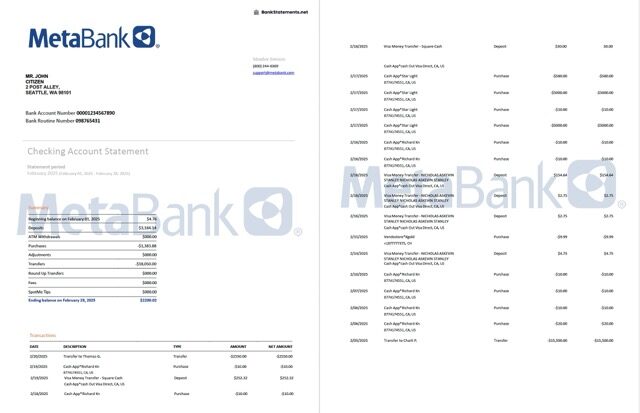 USA Washington Metabank account statement Word and PDF template, 2 pages