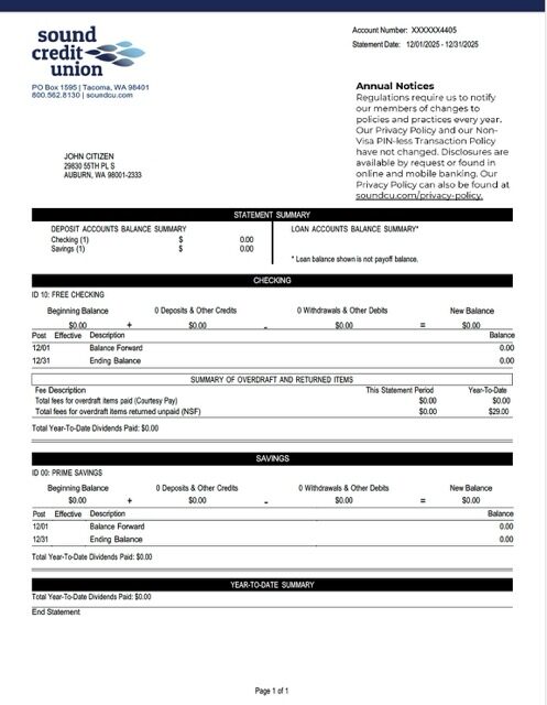 USA Washington Sound Credit Union account statement Word and PDF template
