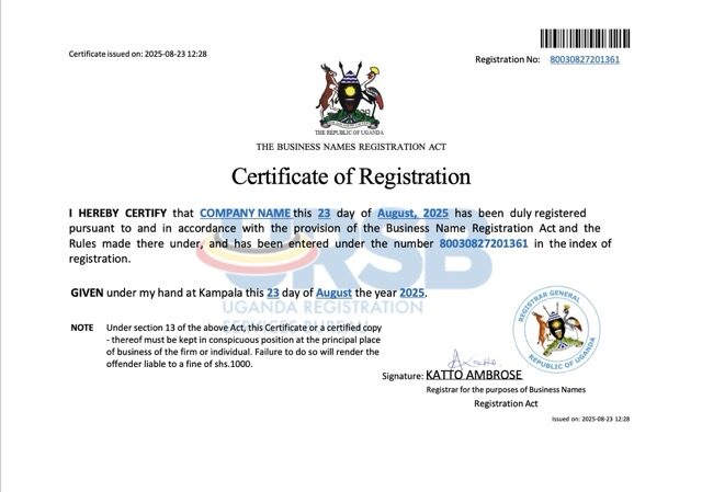 Uganda business names registration certificate Word and PDF template